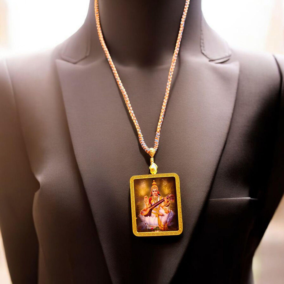 Divine Saraswati Pendant: Hindu Goddess Woven Chain Necklace