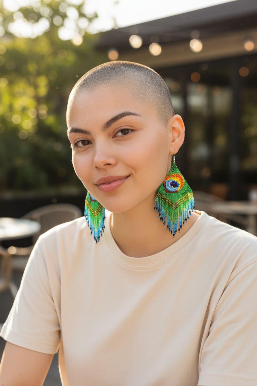 Beaded Peacock Feather Fringe Earrings