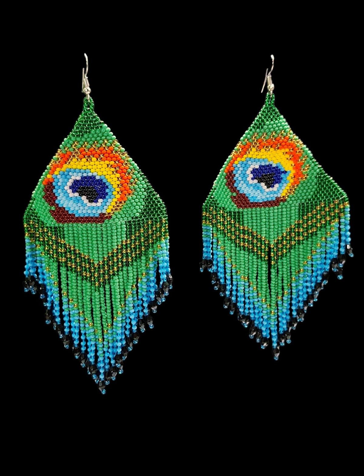 Beaded Peacock Feather Fringe Earrings