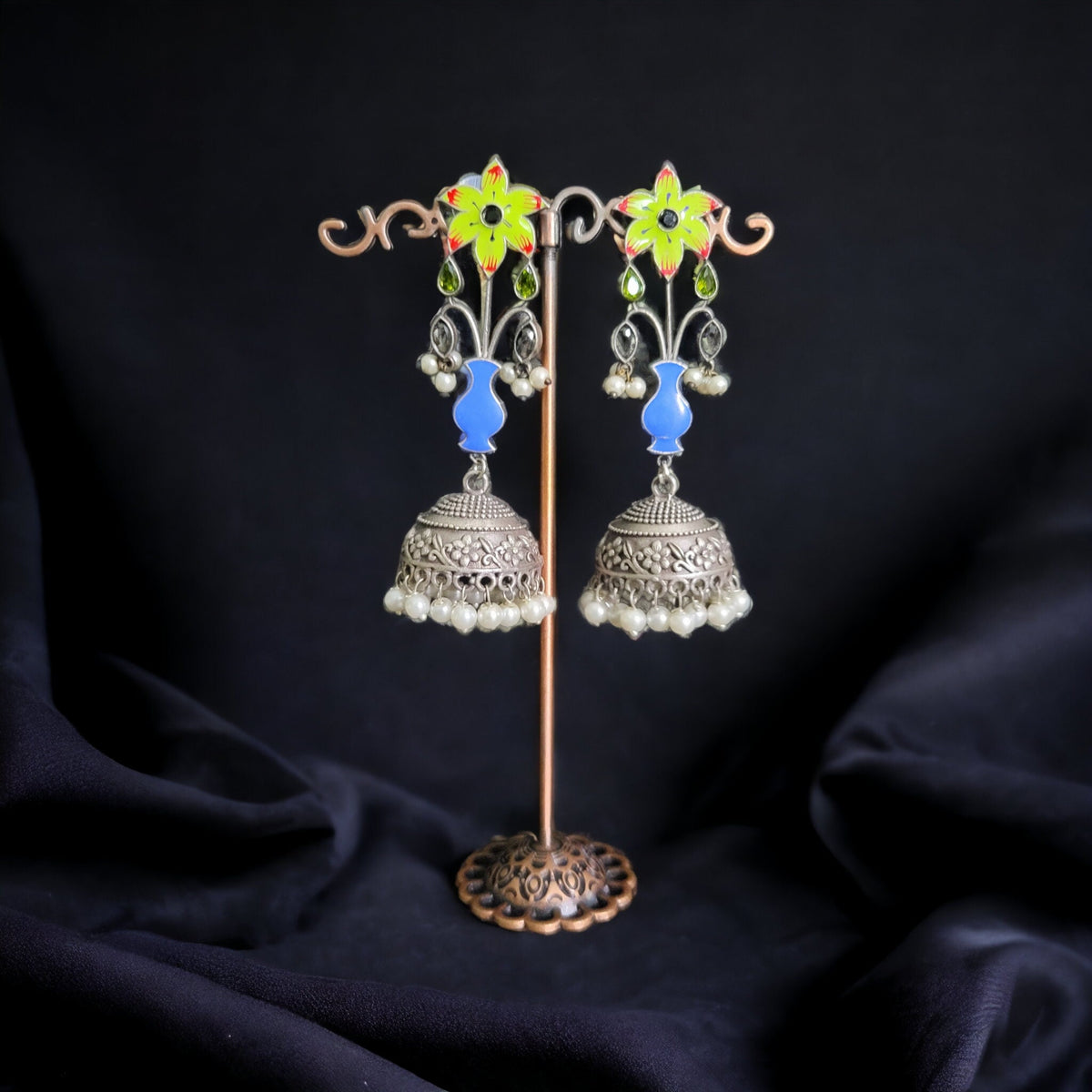 Oxidized Silver Plated Jhumka Earrings: Hand-Painted Floral Jewelry