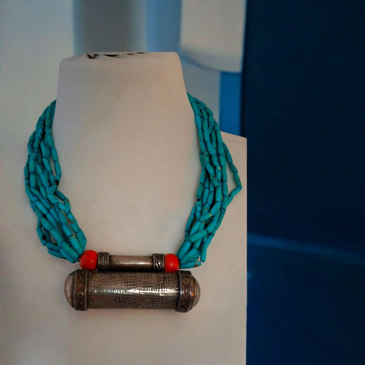 Bohemian Turquoise & Coral Pendant Necklace - Unique Ethnic Jewelry
