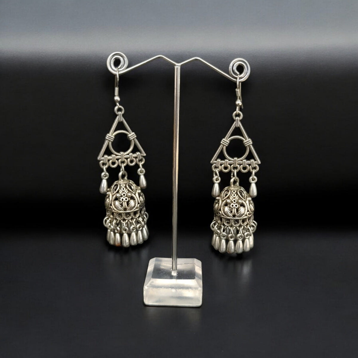 Silver Triangle Jhumka Earrings: 925 Hook Drop Dangle