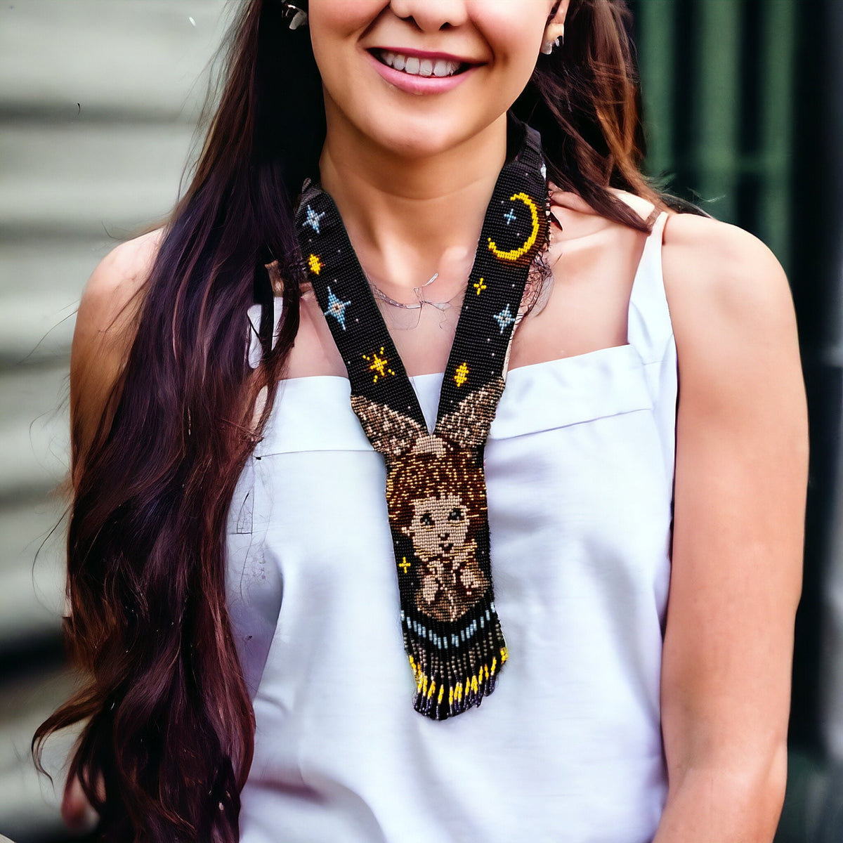 Handcrafted Angel Beaded Necklace: Celestial Moon & Stars