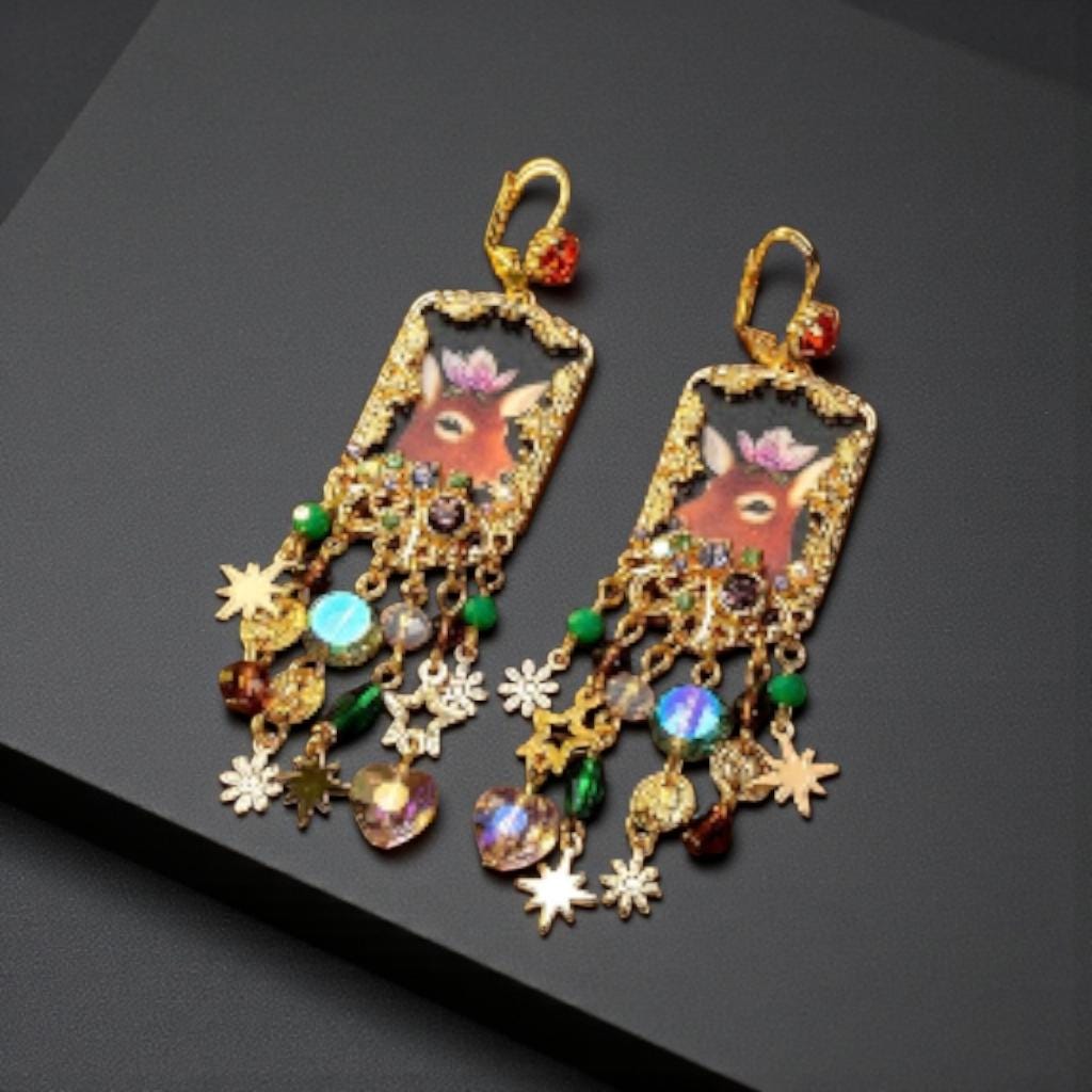 Whimsical Deer Portrait Gold Chandelier Drop Earrings