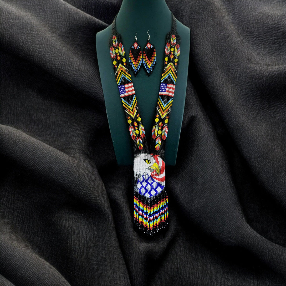 Handmade Beaded Loom Necklace: American Flag with Majestic Eagle