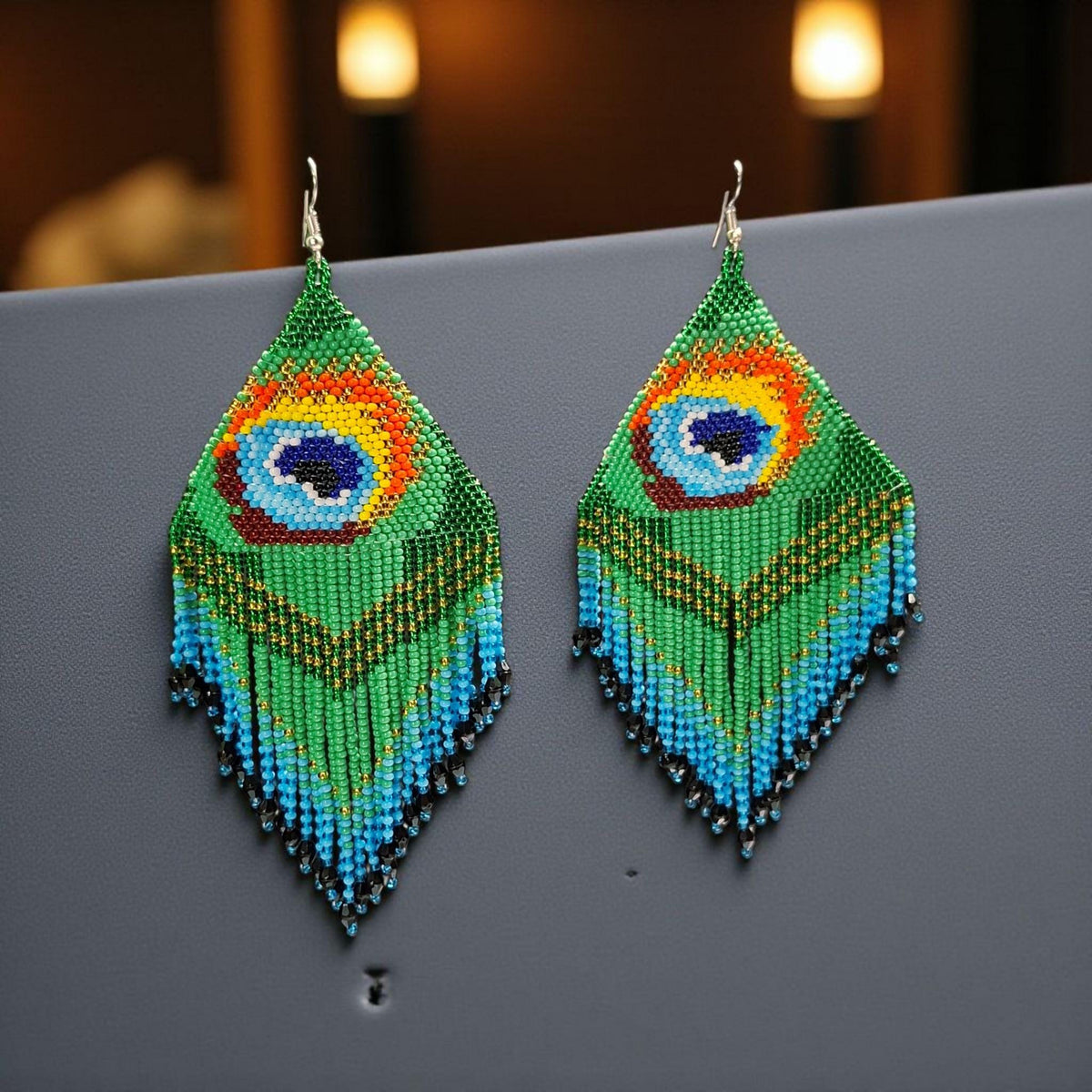 Beaded Peacock Feather Fringe Earrings