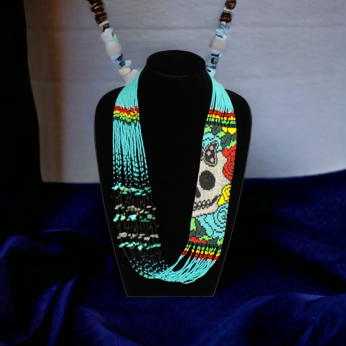 Handmade Sugar Skull Beaded Necklace – Turquoise Seed Bead Statement Necklace | Artisan Boho Festival Jewelry