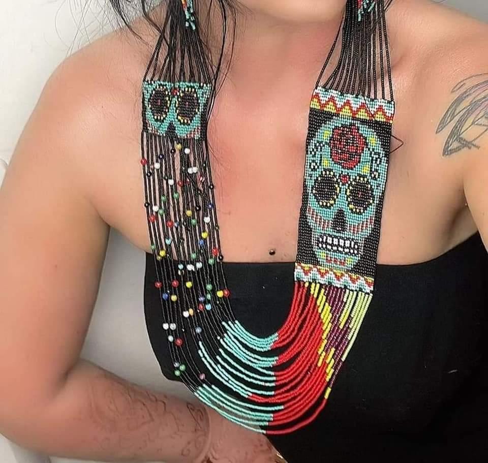 Handmade Turquoise Sugar Skull Beaded Necklace & Earrings Set