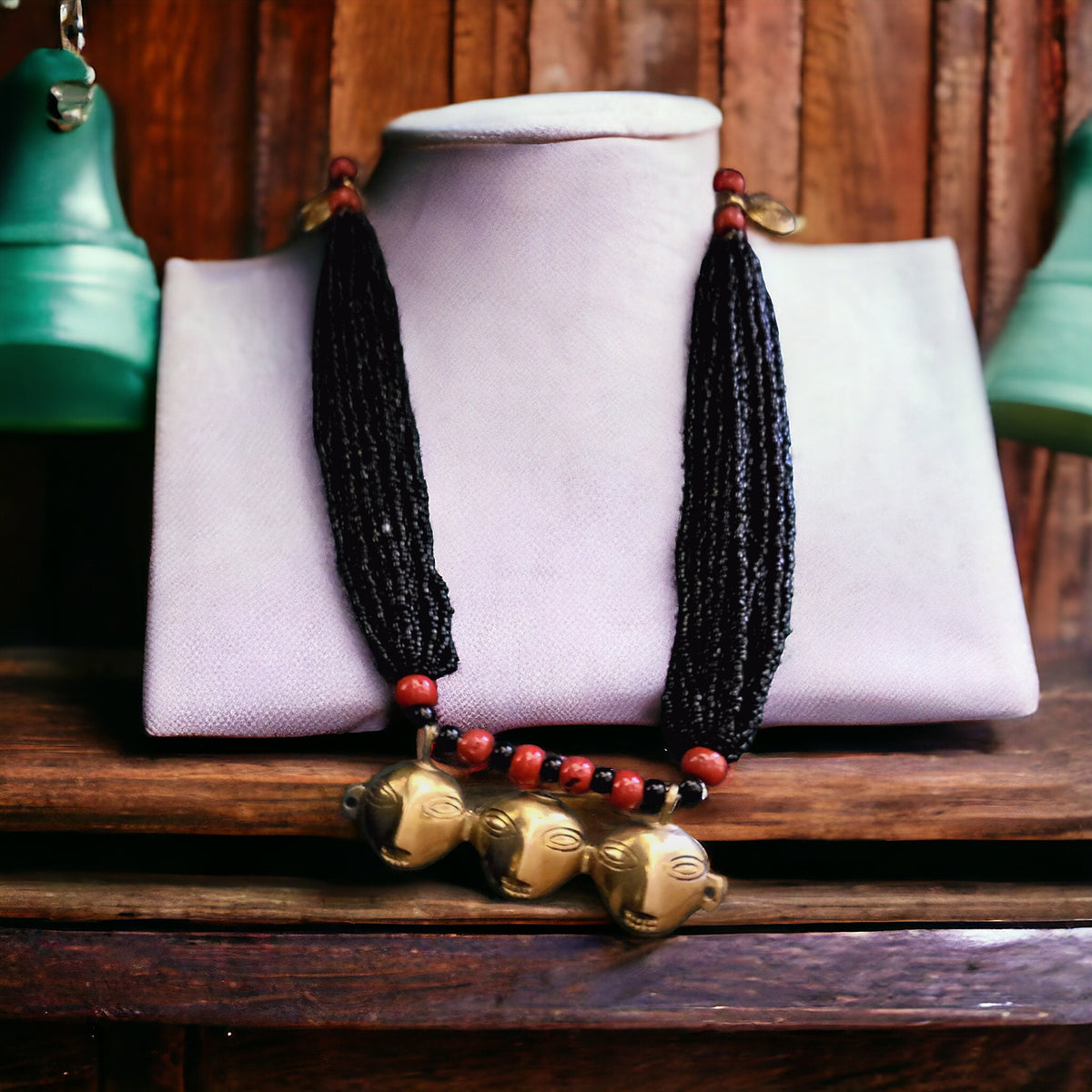 Tribal Mask Pendant Necklace: Bronze Bells, Coral Beads, Ethnic Jewelry