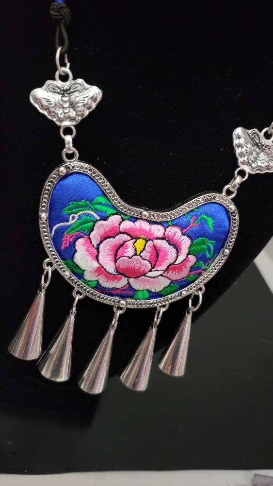 Miao Silver Embroidery Necklace & Butterfly Earring Set