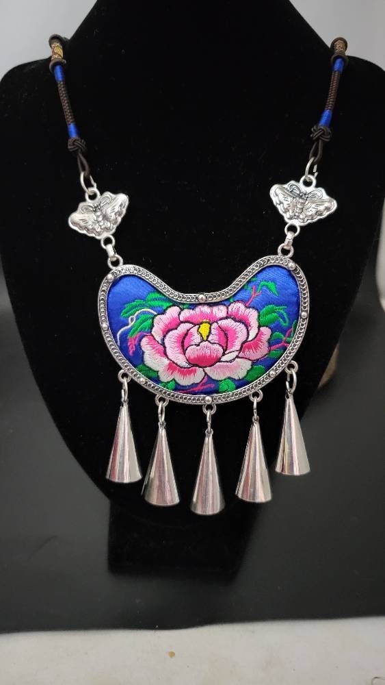 Miao Silver Embroidery Necklace & Butterfly Earring Set
