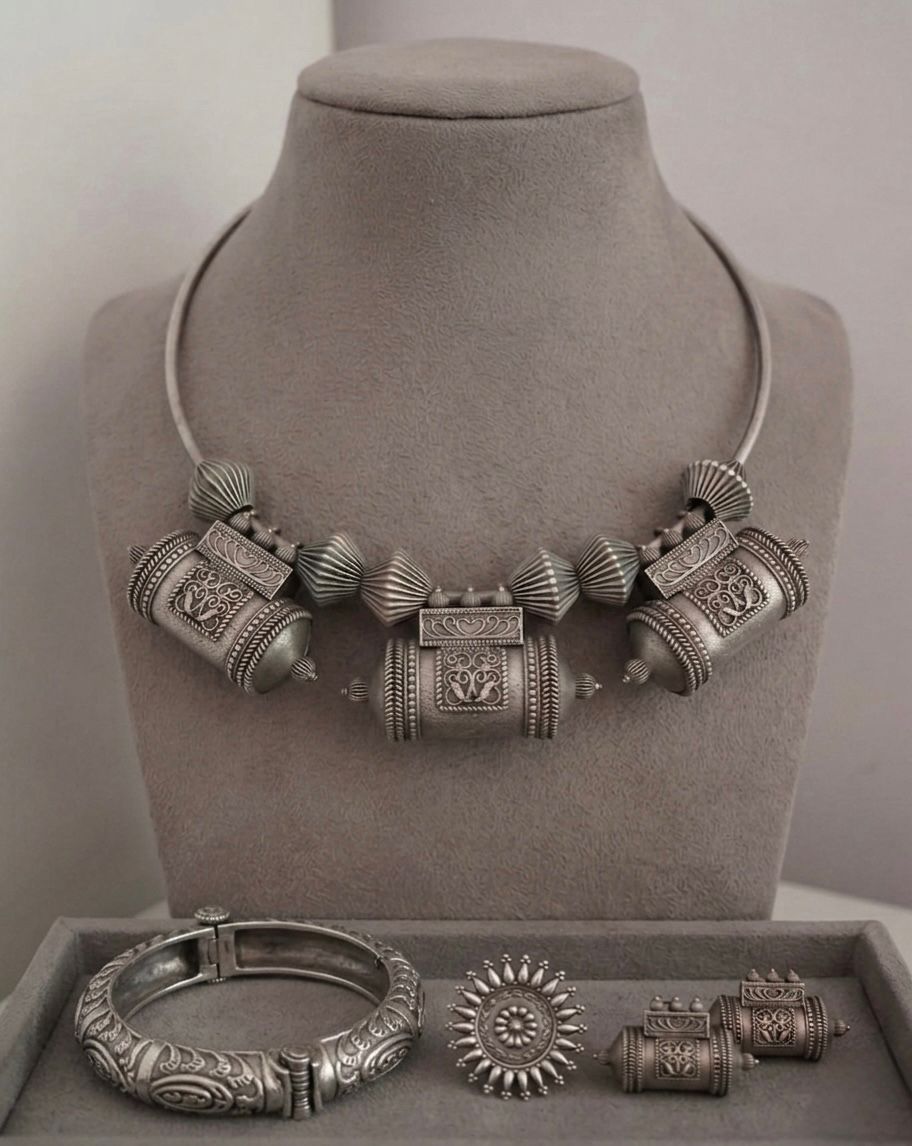Oxidized Silver Tribal Jewelry Set: Hasli Choker & Kada