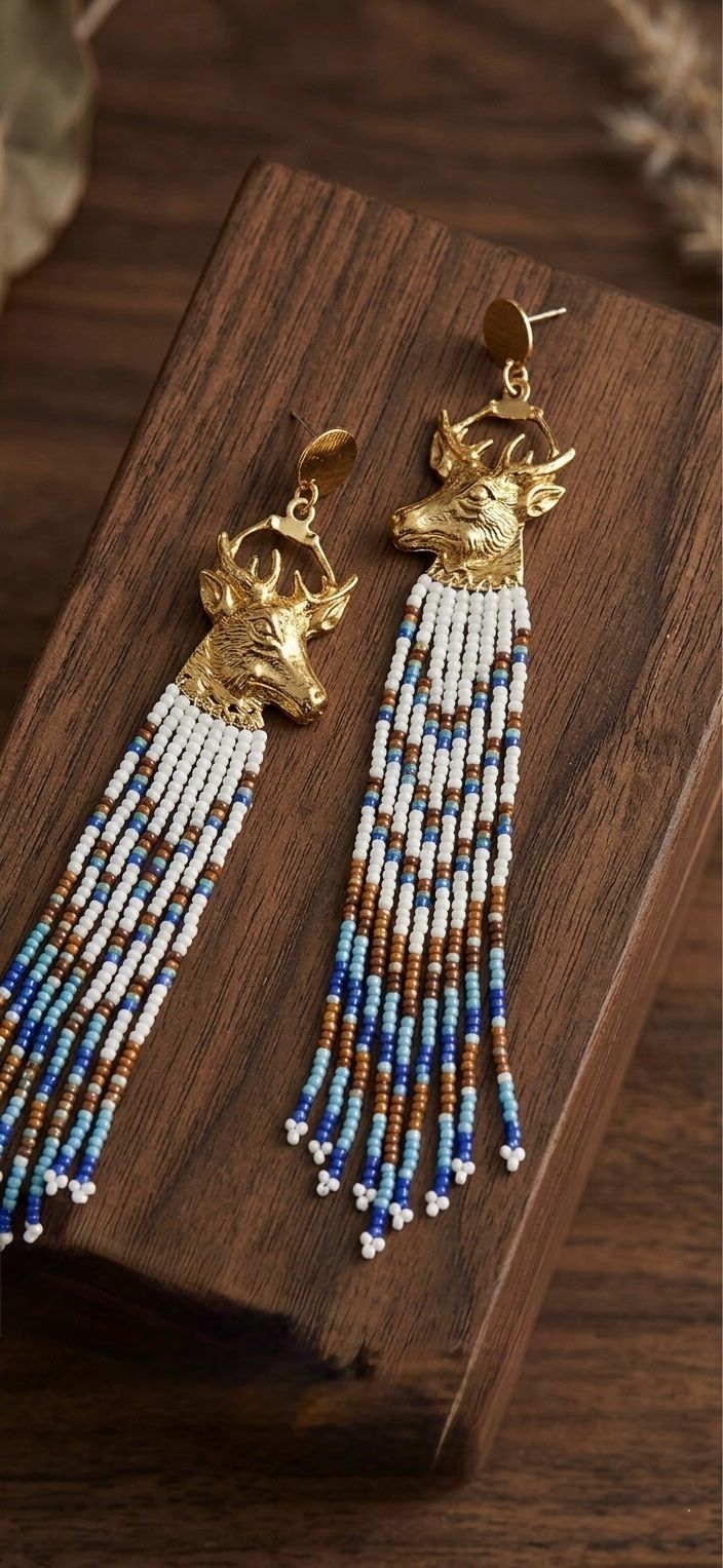 Gold Stag Head Beaded Fringe Earrings: Western Boho Style