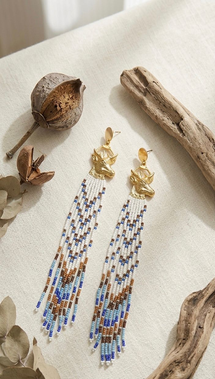 Gold Stag Head Beaded Fringe Earrings: Western Boho Style