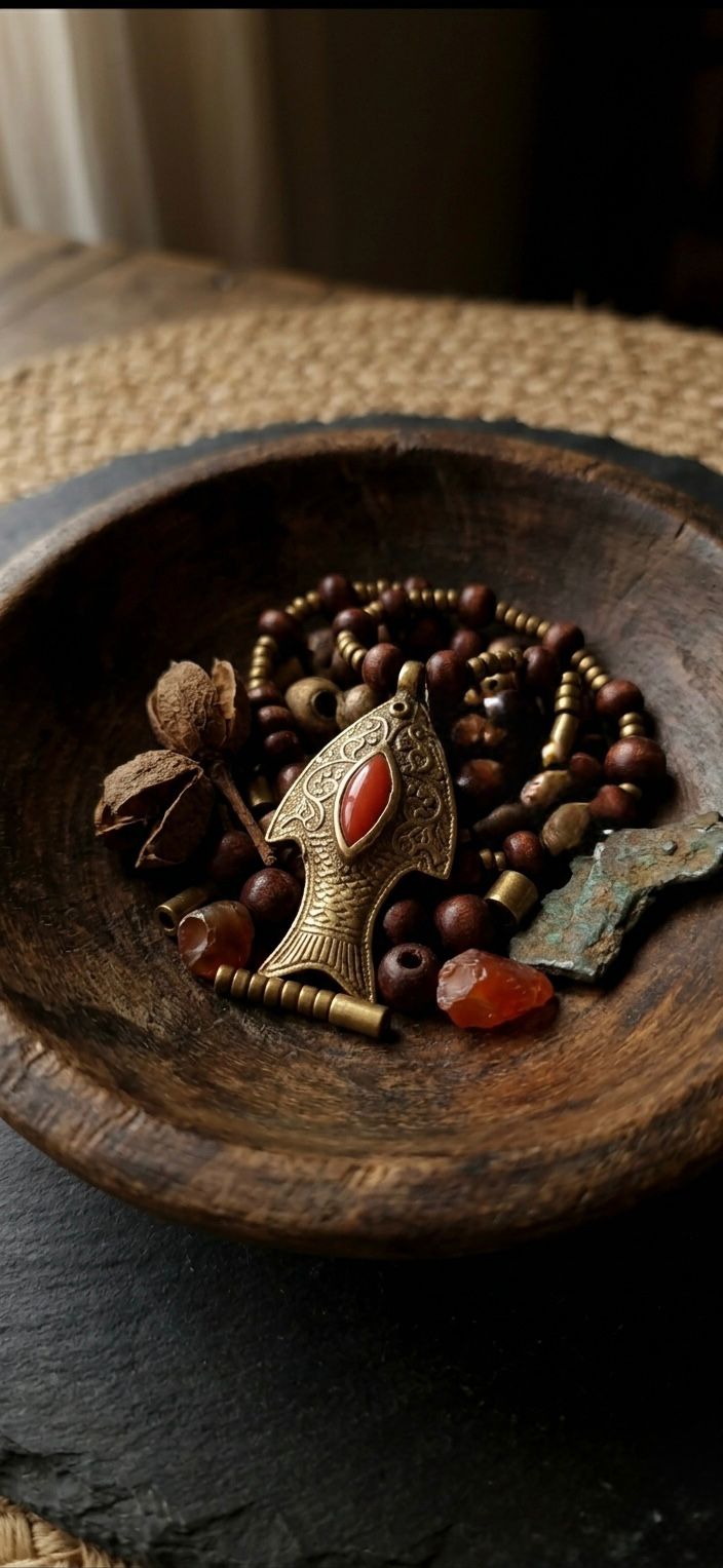 Antique Brass Boho Fish Necklace: Red Coral Accent
