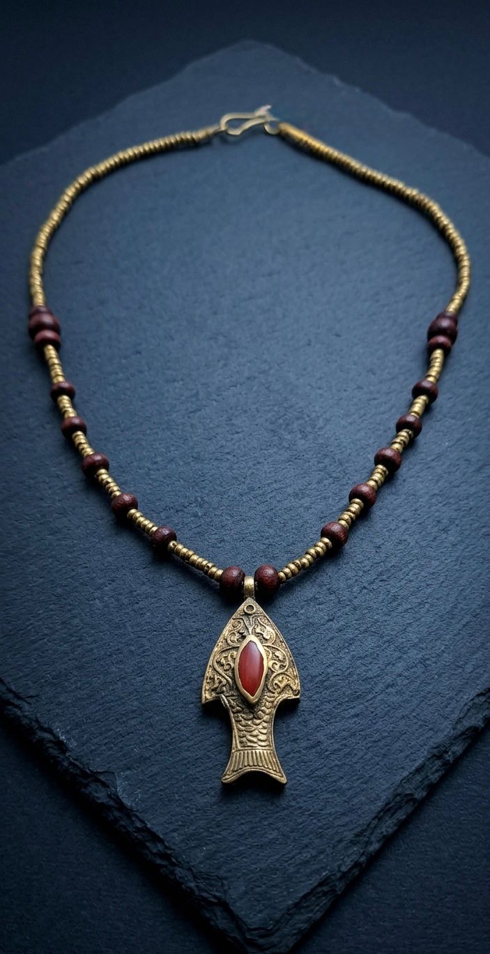 Antique Brass Boho Fish Necklace: Red Coral Accent