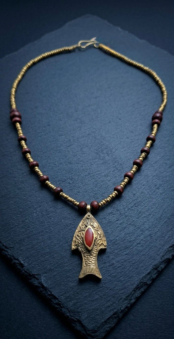 Antique Brass Boho Fish Necklace: Red Coral Accent