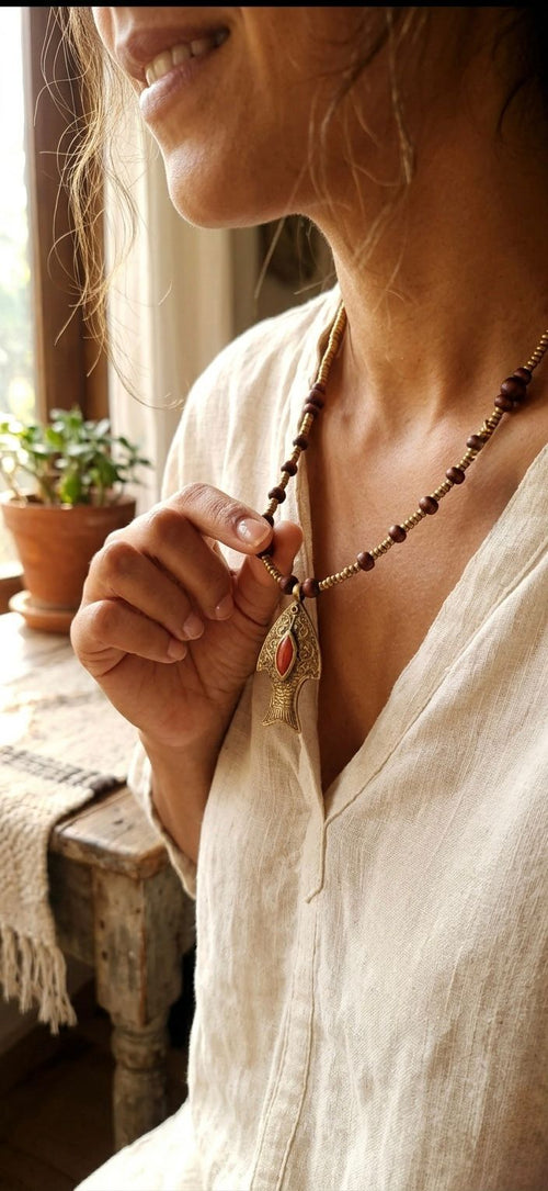 Antique Brass Boho Fish Necklace: Red Coral Accent