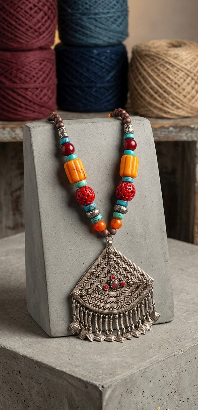 Handmade Ethnic Statement Necklace: Silver Pendant