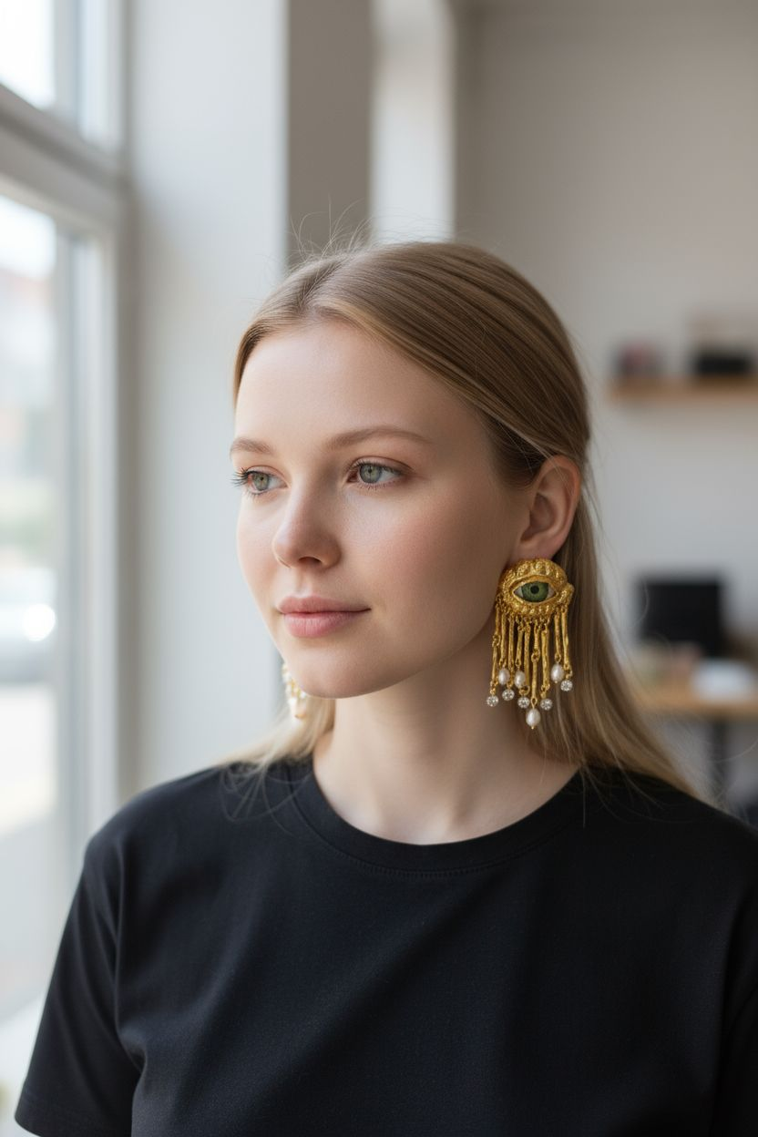The Watcher Surrealist Eye Earrings: Gold-Tone Pearl Fringe