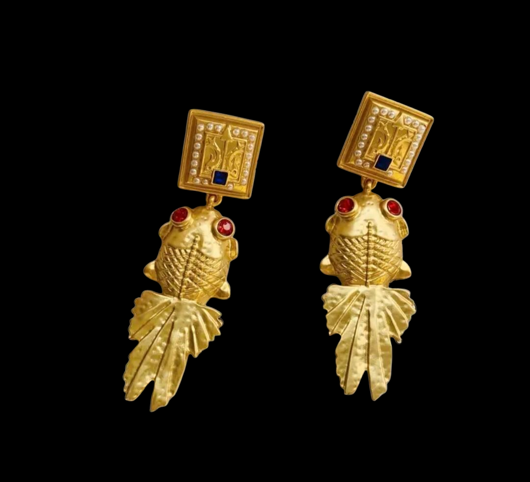 Prosperity Golden Goldfish Drop Earrings: Art Deco Style