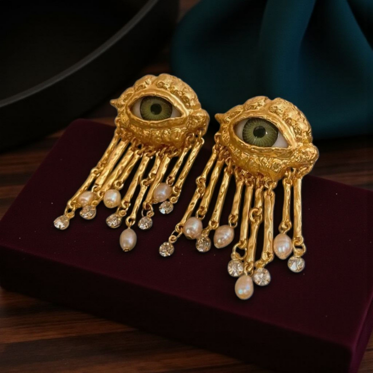The Watcher Surrealist Eye Earrings: Gold-Tone Pearl Fringe