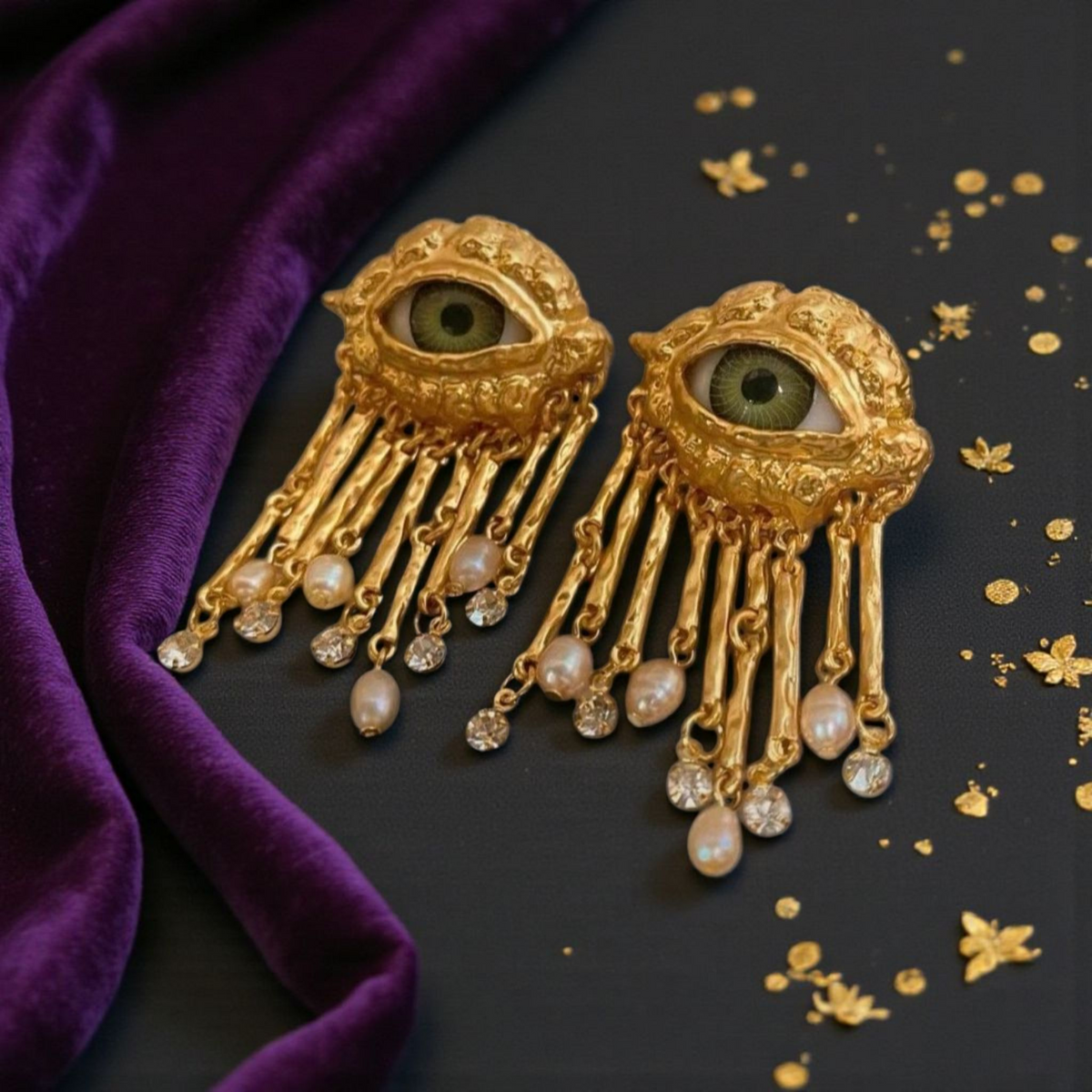 The Watcher Surrealist Eye Earrings: Gold-Tone Pearl Fringe