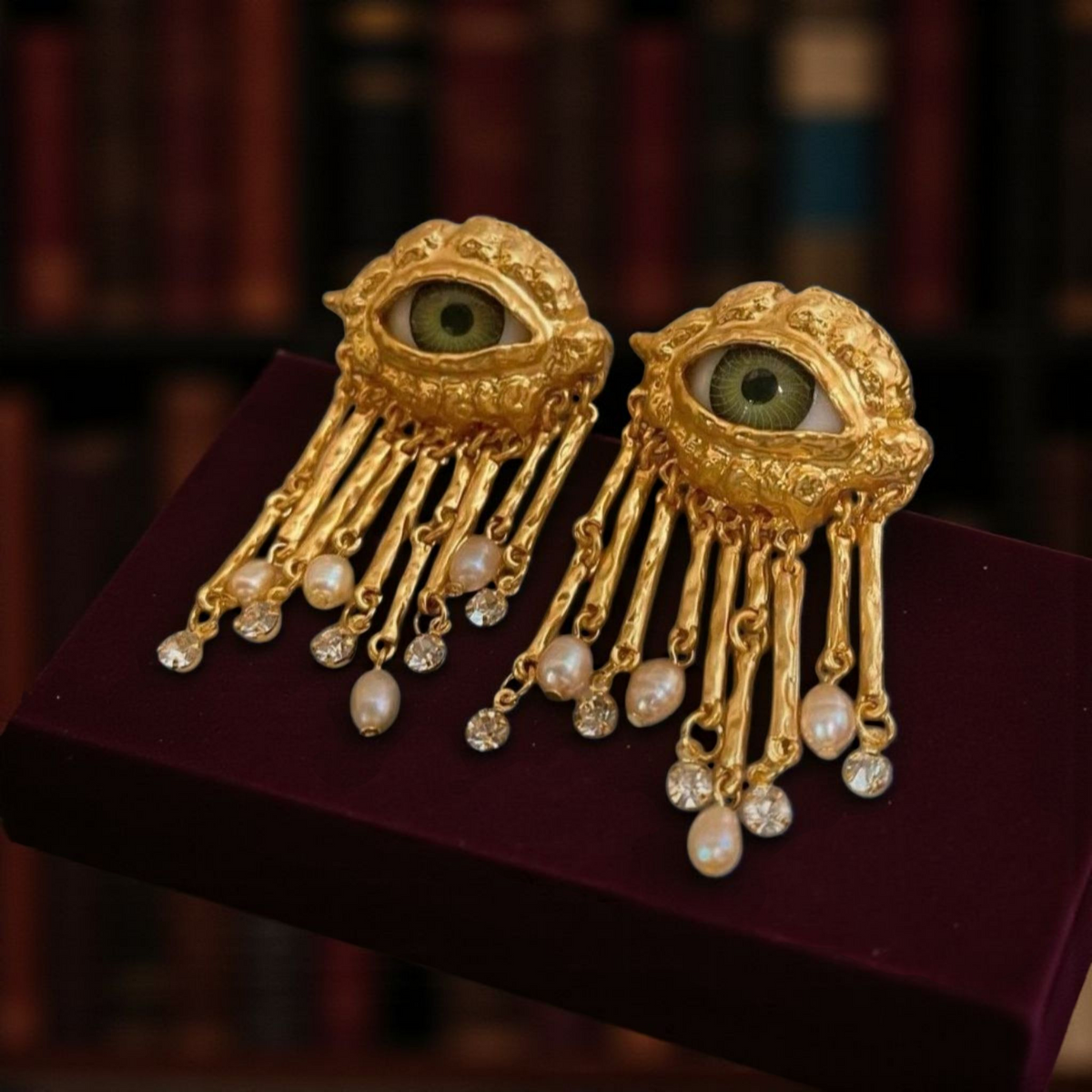 The Watcher Surrealist Eye Earrings: Gold-Tone Pearl Fringe