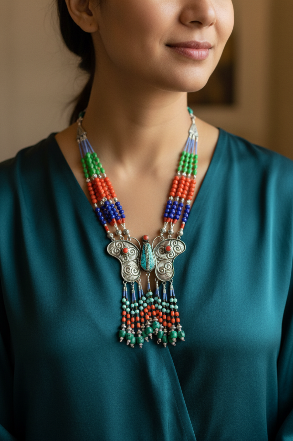 Monarch of the Himalayas: Tibetan Butterfly Beaded Necklace