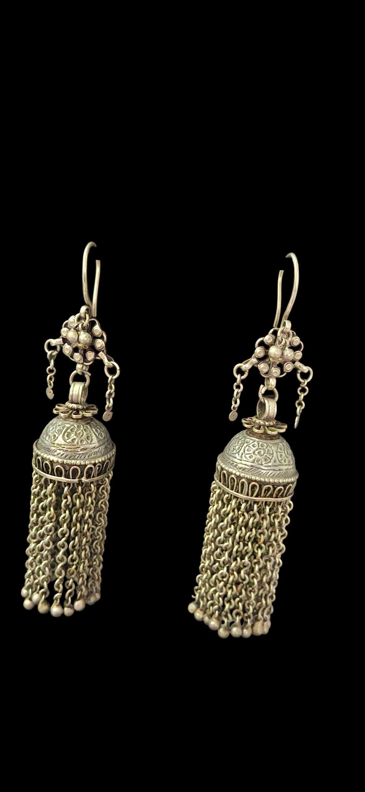 Antique Kuchi Tassel Earrings: Vintage Tribal Silver Style
