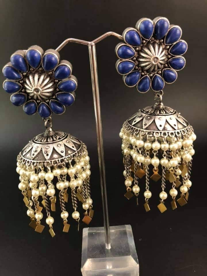 Brass Glass Jhumka Earrings: Indian Stone & Pearl Jewelry