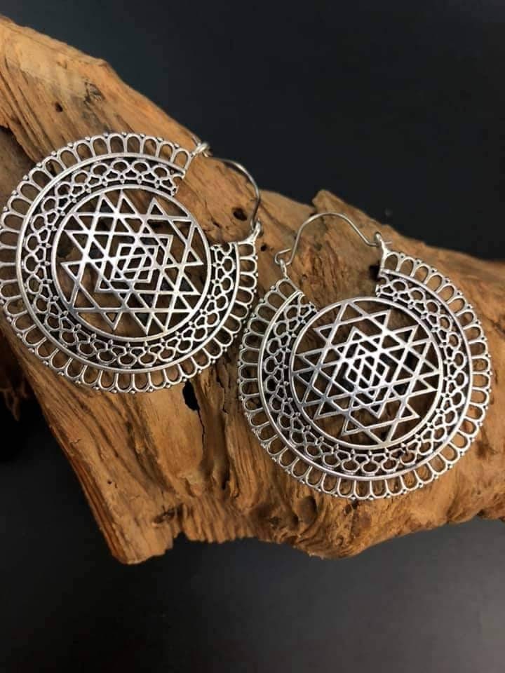 Brass Mandala Hoop Earrings: Sacred Geometry Boho Jewelry