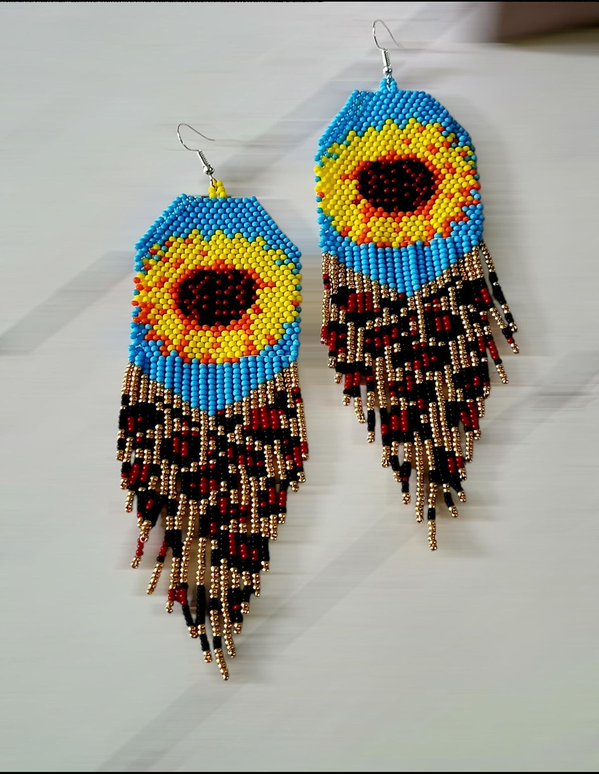 Handcrafted Sunflower Beaded Fringe Earrings