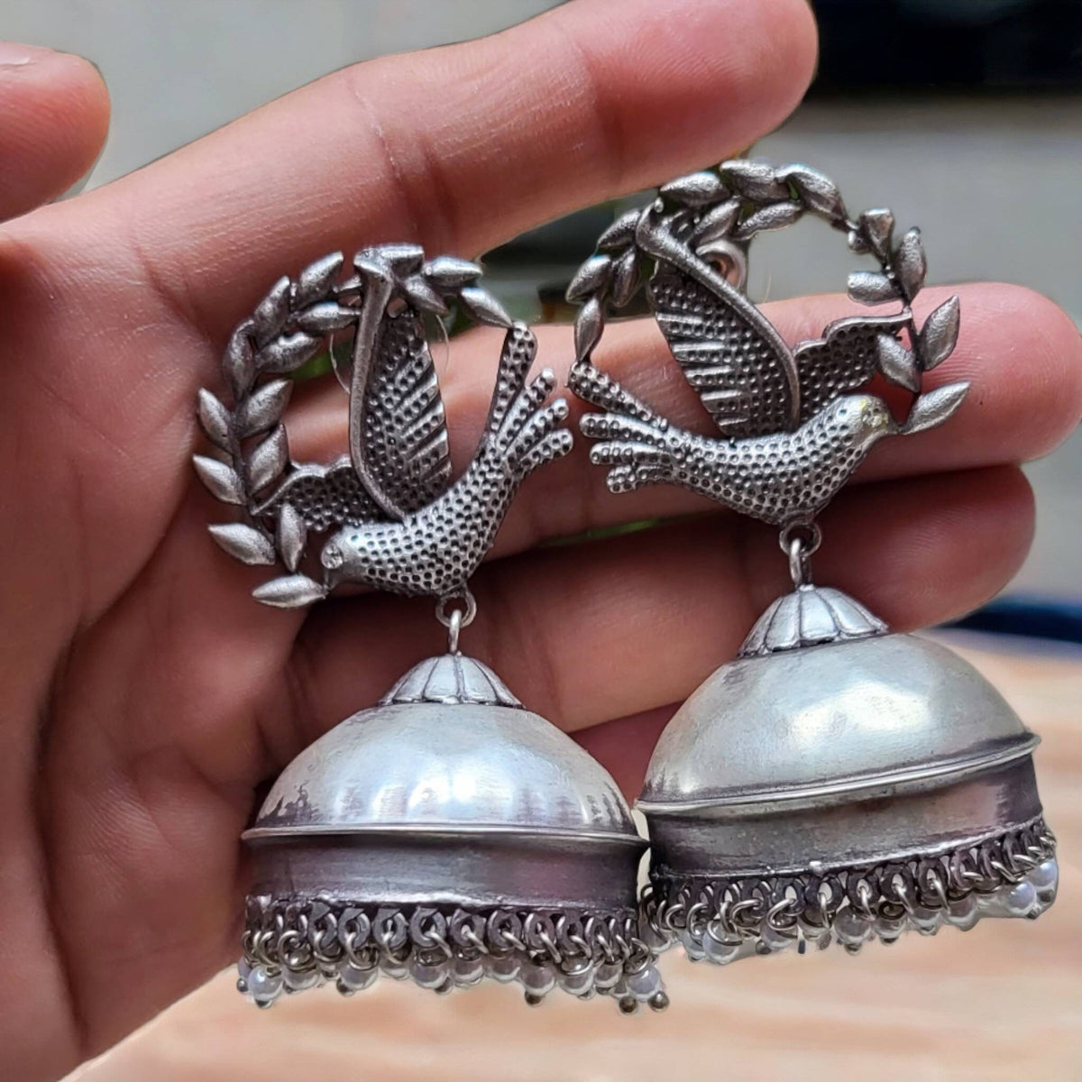 German Silver Bird Jhumka Earrings: Boho Gypsy Style
