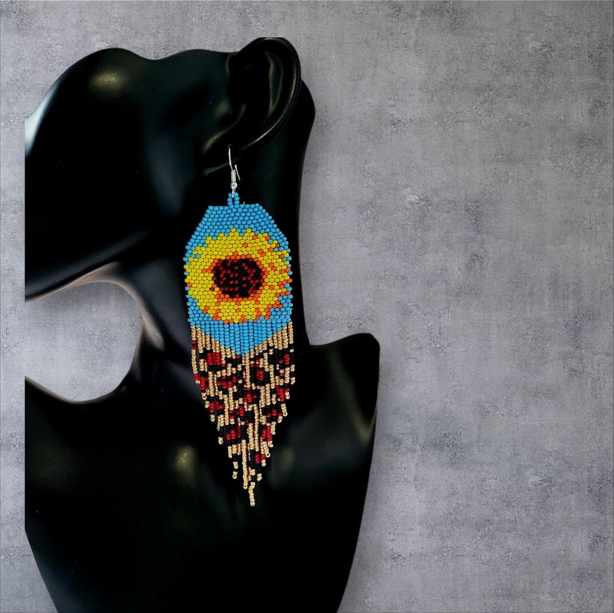 Handcrafted Sunflower Beaded Fringe Earrings