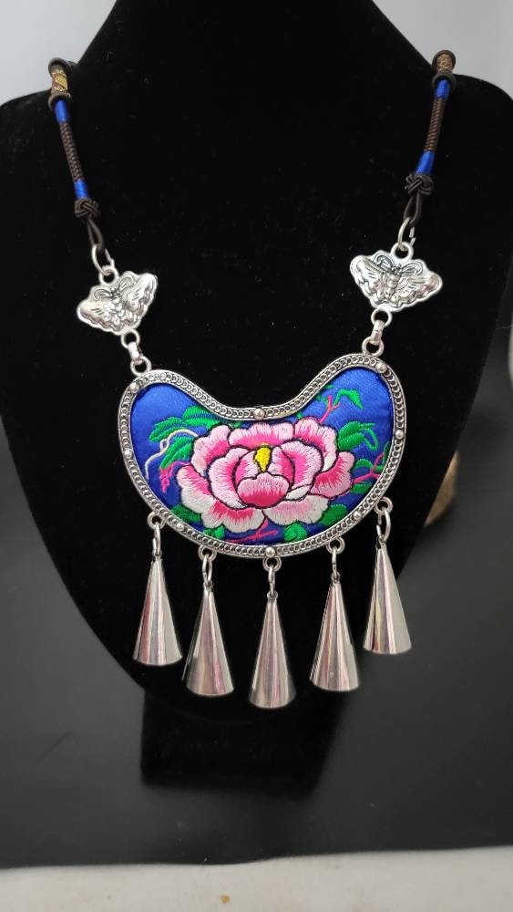Miao Silver Embroidery Necklace & Butterfly Earring Set