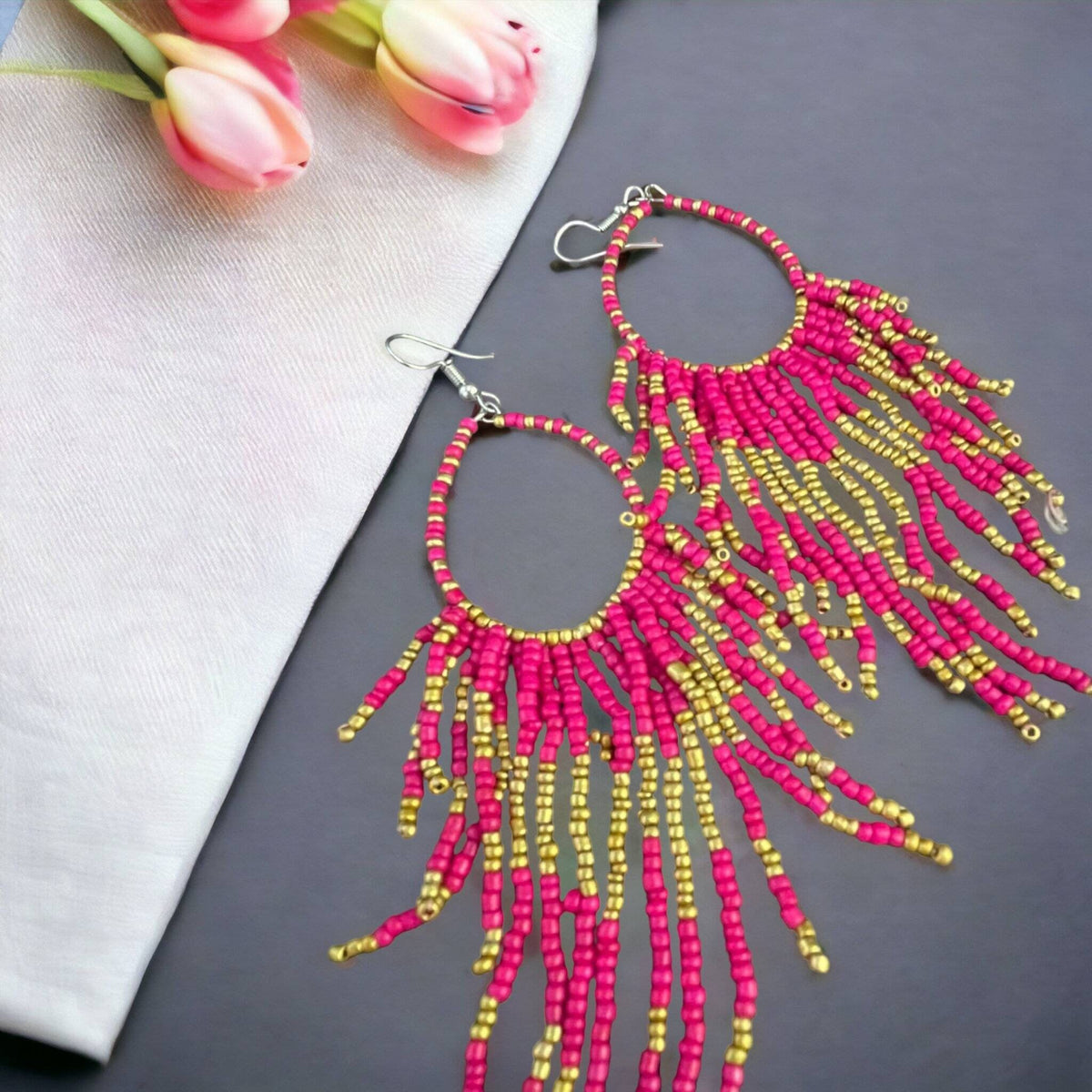Pink & Gold Floral Fringe Seed Bead Earrings