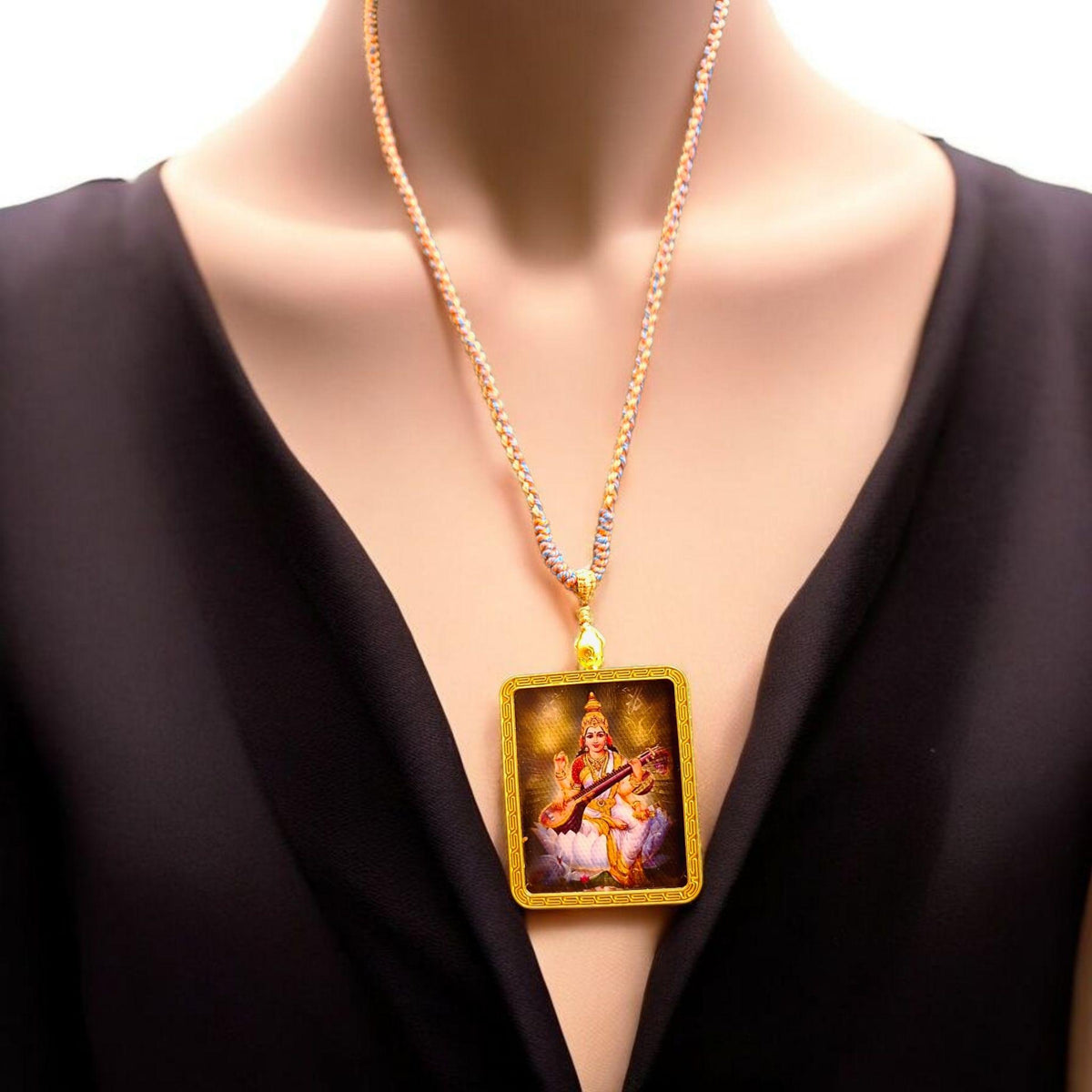 Divine Saraswati Pendant: Hindu Goddess Woven Chain Necklace