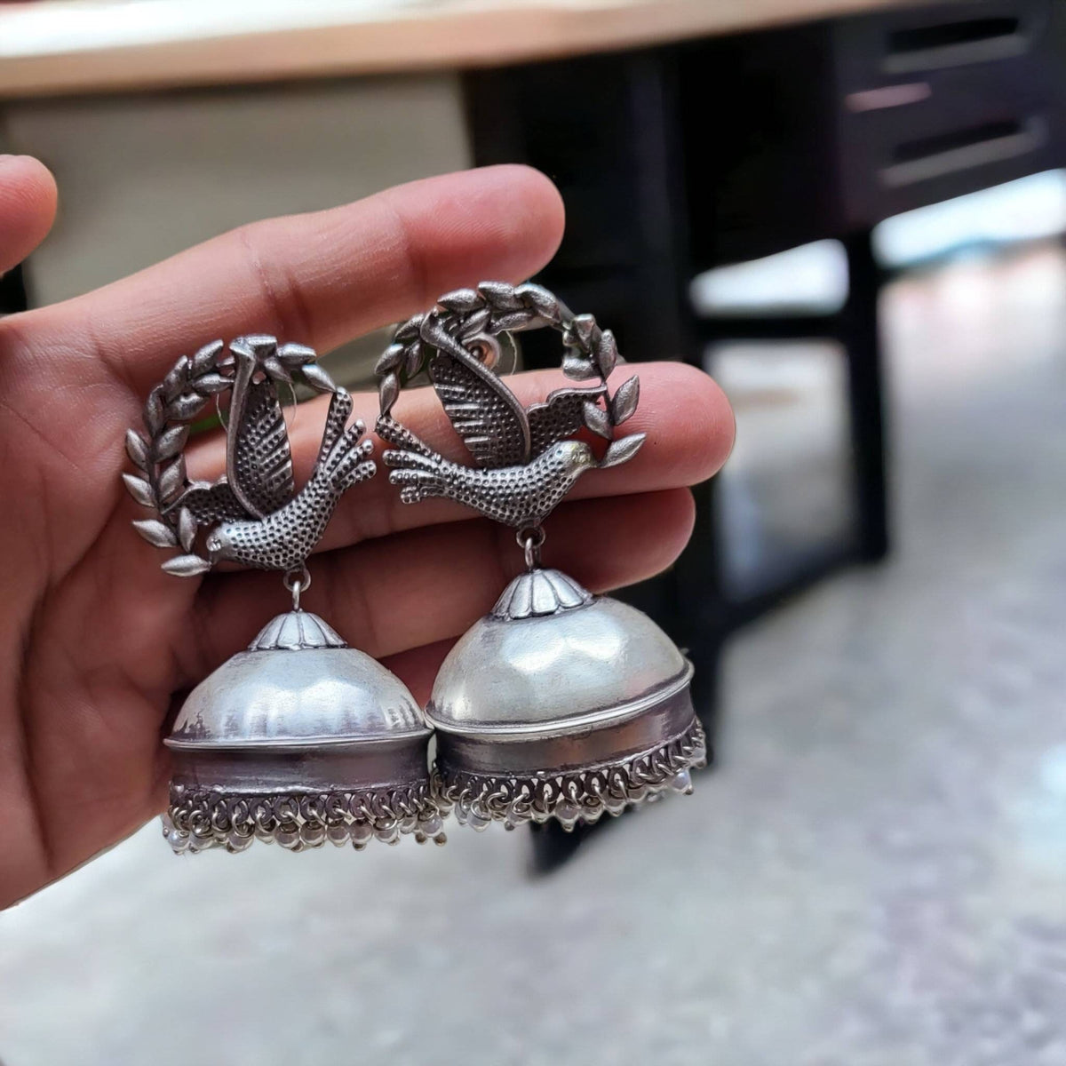 German Silver Bird Jhumka Earrings: Boho Gypsy Style