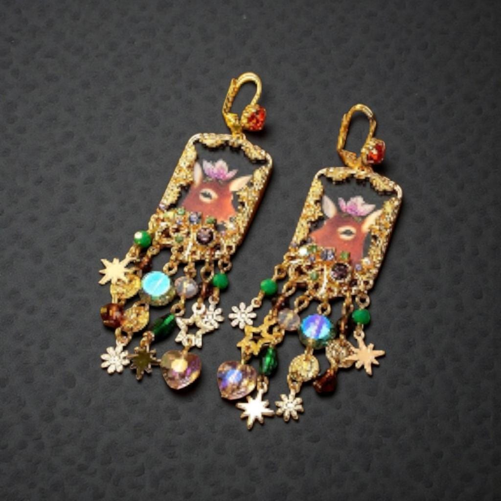 Whimsical Deer Portrait Gold Chandelier Drop Earrings