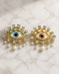 Bohemian Evil Eye Statement Earrings with Turquoise Stones & Pearl Drops