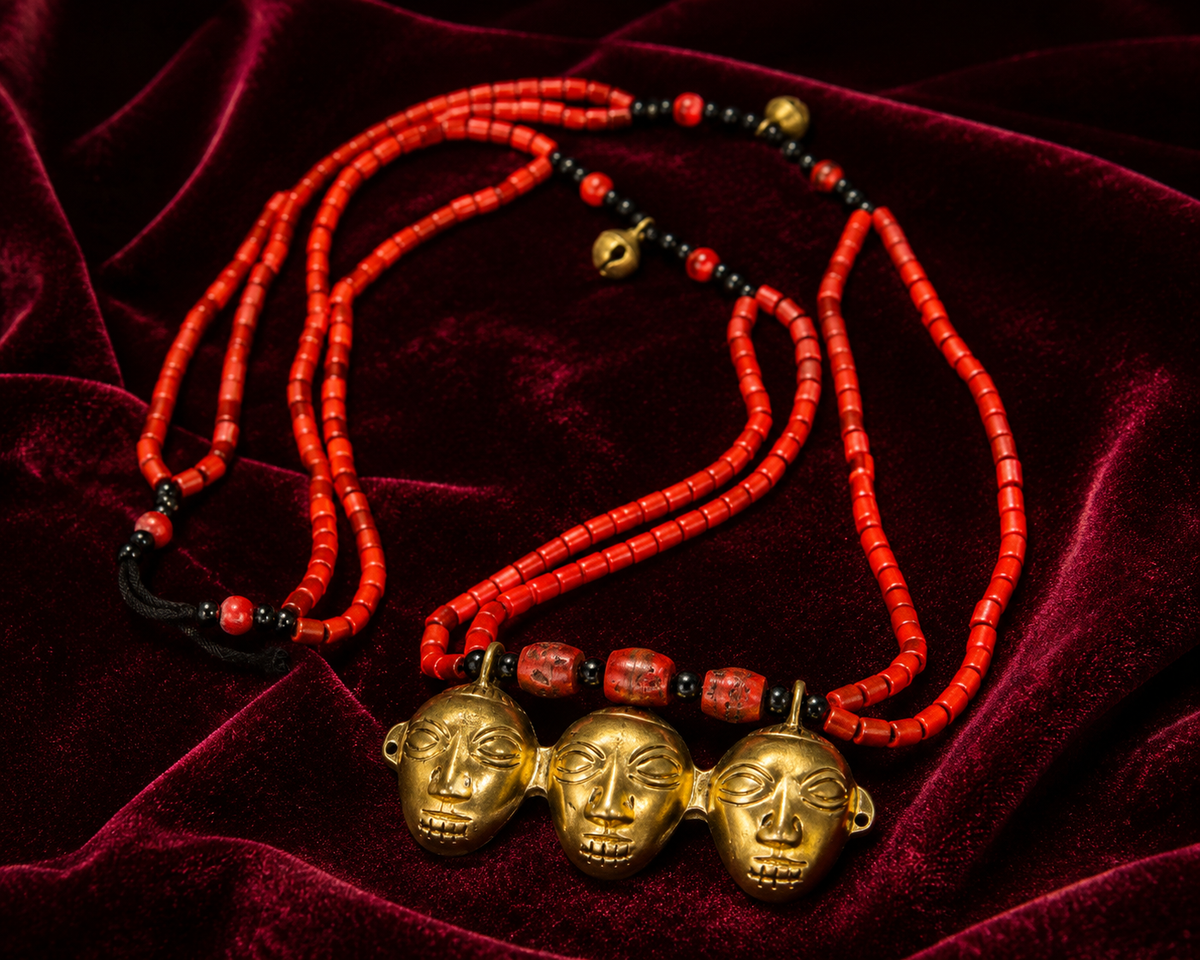 Handmade Tribal Brass Face Pendant Necklace | Red Beaded Ethnic Boho Statement Necklace for Women