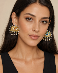 Bohemian Evil Eye Statement Earrings with Turquoise Stones & Pearl Drops