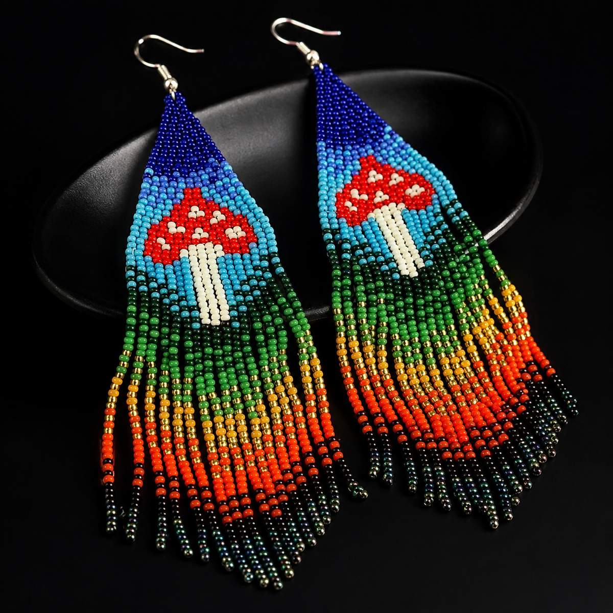 Beaded Mushroom Fringe Earrings: Toadstool Dangle Earrings