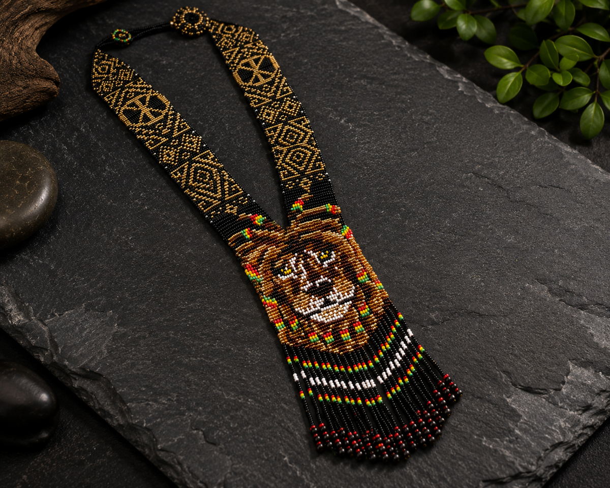 Handmade Beaded Lion Necklace: Ethnic Woven Pendant