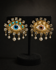 Bohemian Evil Eye Statement Earrings with Turquoise Stones & Pearl Drops