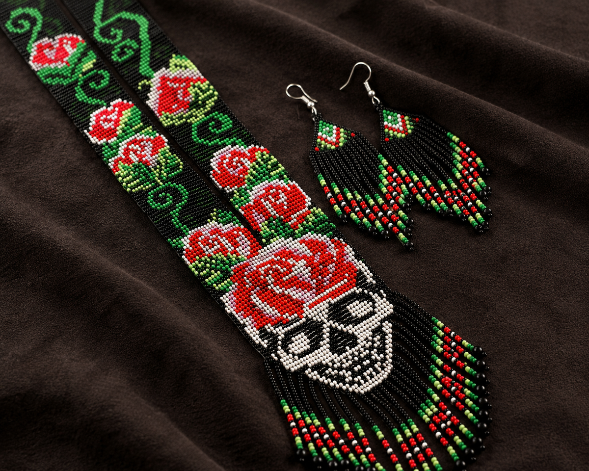 Handmade Rose Skull Beaded Necklace & Earrings Set