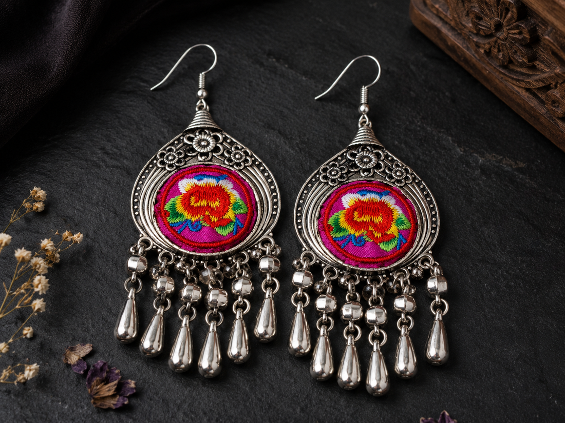 Miao Silver Flower Embroidery Earrings: Hmong Ethnic Dangle Earrings