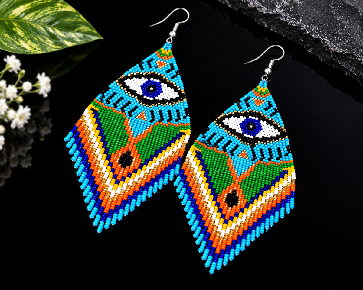 Handmade Evil Eye Seed Bead Earrings: Long Fringe Dangle Jewelry