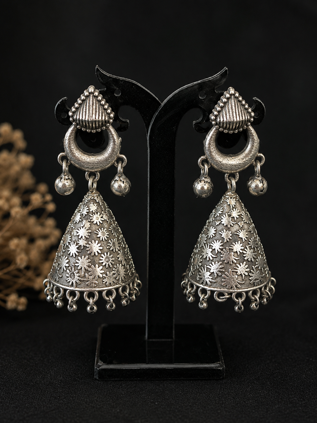 Silver Cone-Shaped Beaded Jhumki Earrings: Lightweight Boho Jewelry